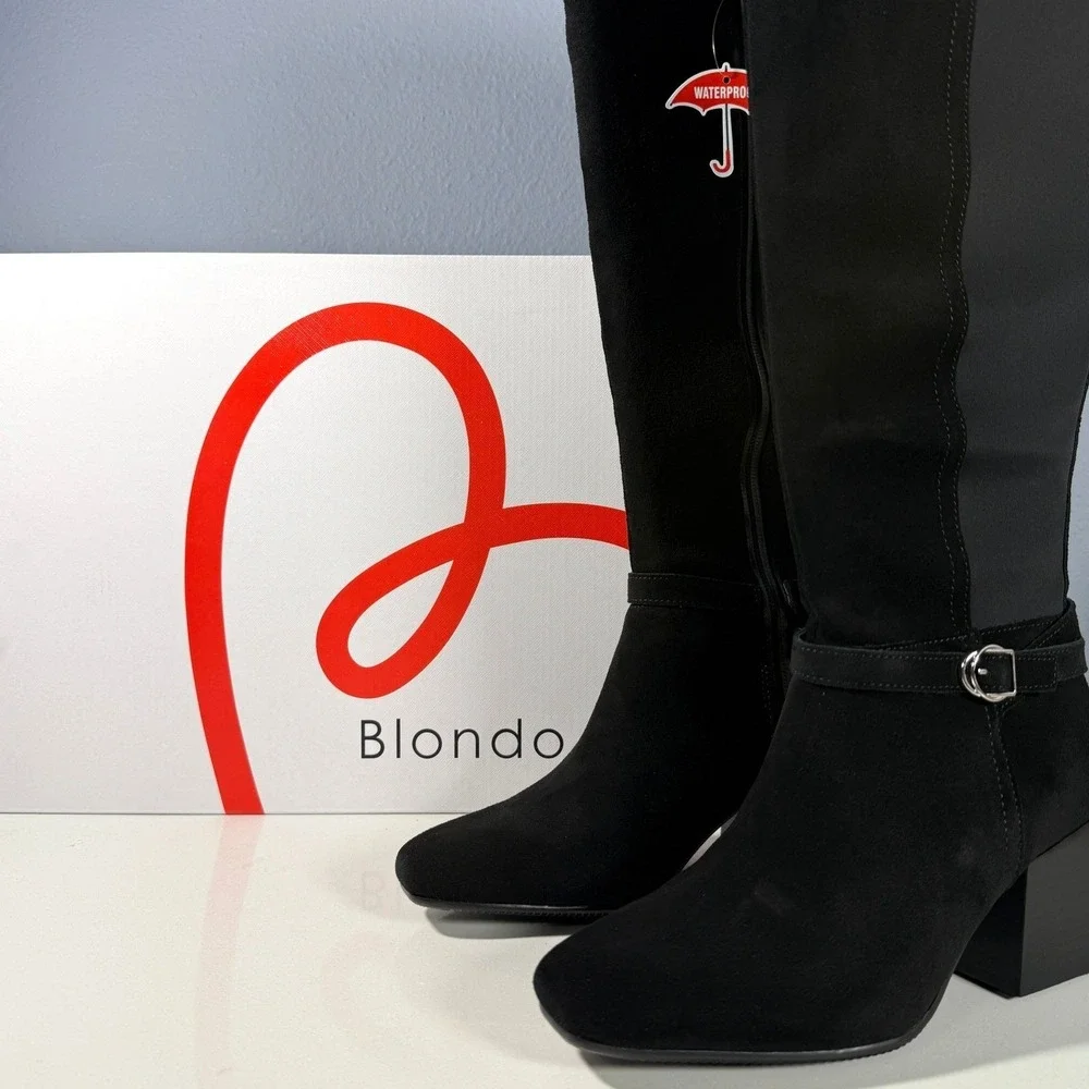 Blondo‎ Twyla Black Suede Waterproof Tall Boots Block Heel Womens 8.5 M New